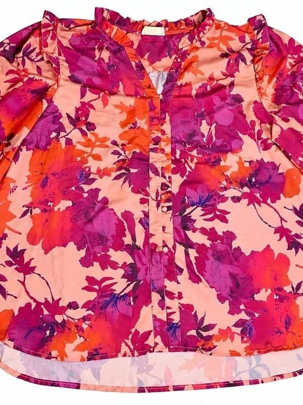 First Love by Lovelyn 2X Watercolor Floral Ruffle Tunic Blouse Pink Orange